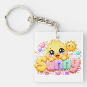 Porte-clefs Mignon Kawaii Sunny Chick Nom Pastel Rose Pailleté