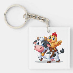 Porte-clefs mignon vache/poulet caricature