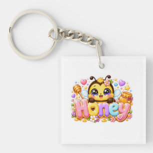 Porte-clefs Mignonne Abeille Miel Kawaii Nom Pastel Rose Étinc