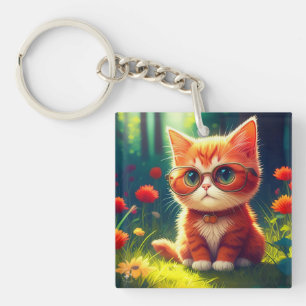 Porte-clefs Mignonne Red Kitten Portant des lunettes-365478