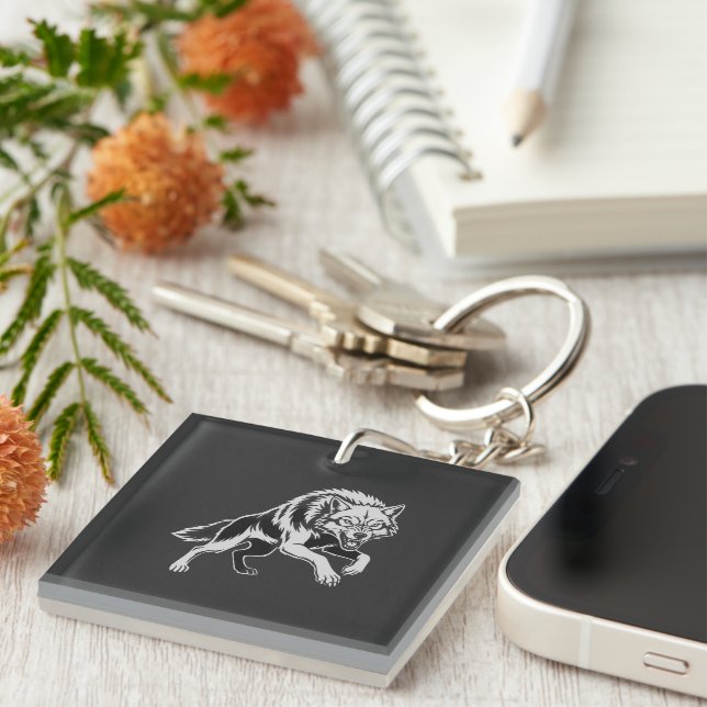 Porte-clefs Minimal White Line Wolf Keychain (Devant Droit)