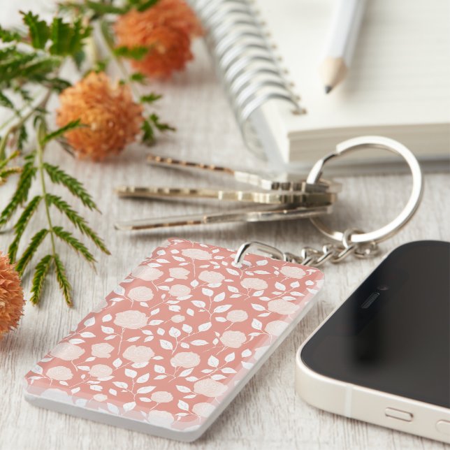 Porte-clefs Minimalist Pastel Rose White Floral Pattern (Devant droit)