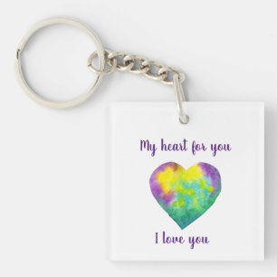 Porte-clefs Minimaliste Je t'aime coeur d'aquarelle arc-en-cie
