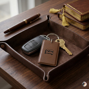 Porte-clefs Minimaliste Monogramme Initial B Cuir Marron Gras