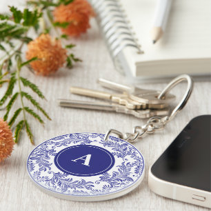 Porte-clefs Modèle Floral Blanc Bleu Initial