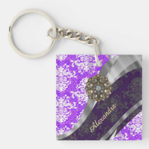 Porte-clefs Modèle personnalisé violet joli girly damask