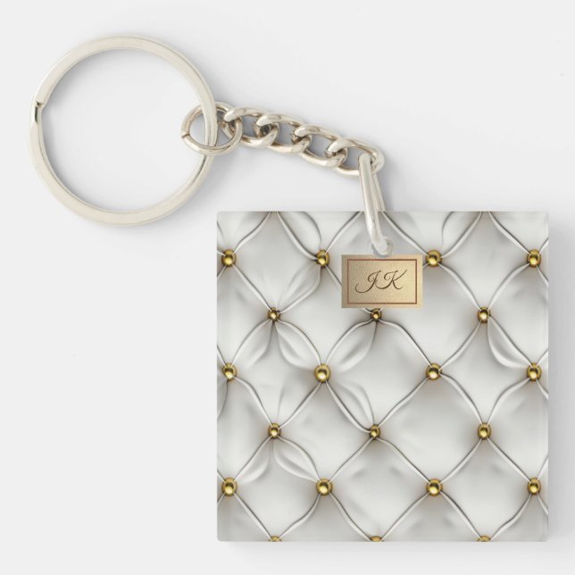 Porte-clefs Modern Elegant White Leather Tufted Gold (Devant)