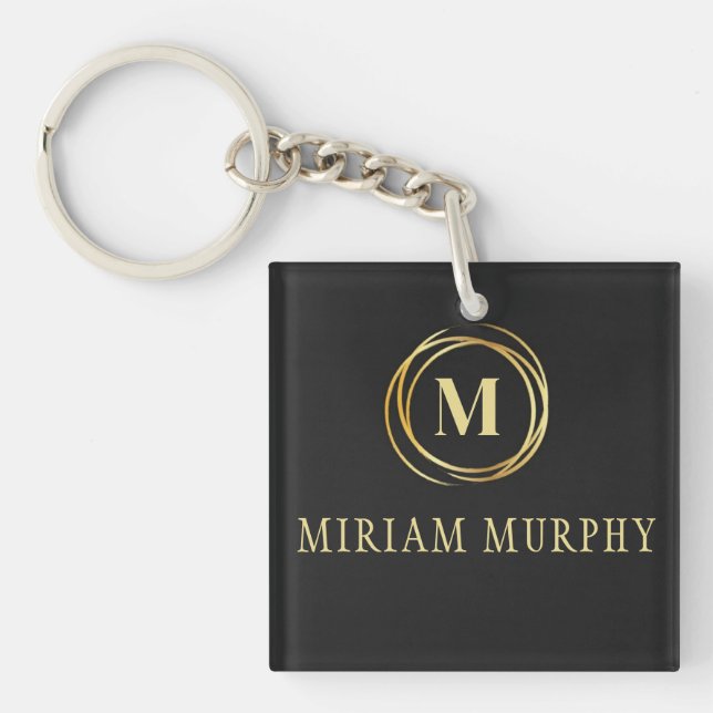 Porte-clefs Modern metallic gold circle shape faux monogram (Devant)