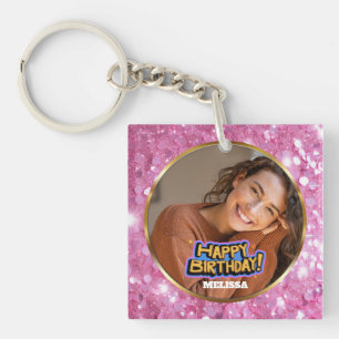 Porte-clefs Moderne Anniversaire Photo Noms Rose Et Paillettes