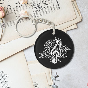 Porte-clefs Moderne Black Floral Treble Clef Music