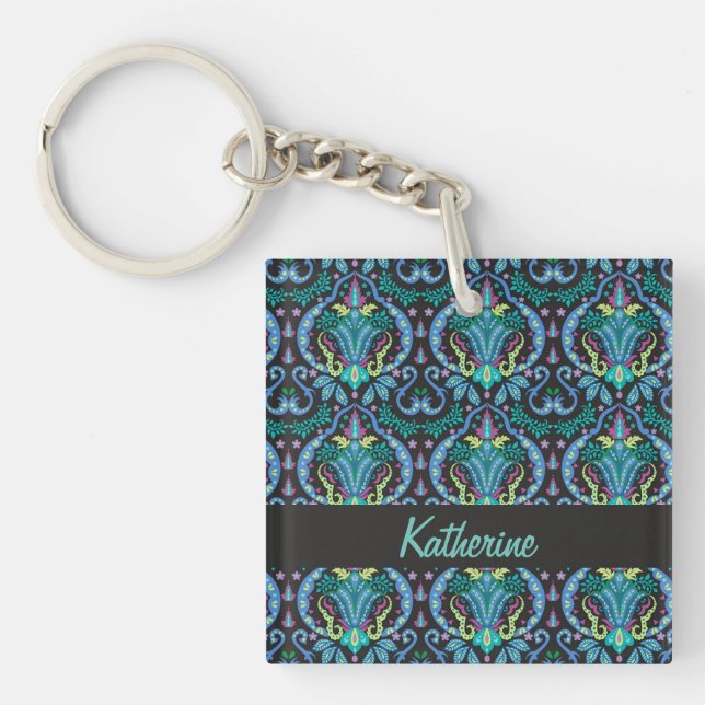 Porte-clefs Moderne Damask Art Déco Noir Turquoise Bleu Nom (Devant)