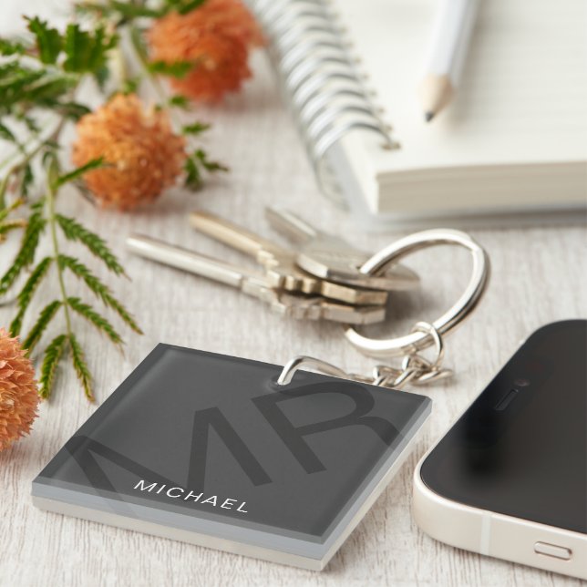 Porte-clefs Moderne Monogramme Personnalisé Gris (Devant Droit)