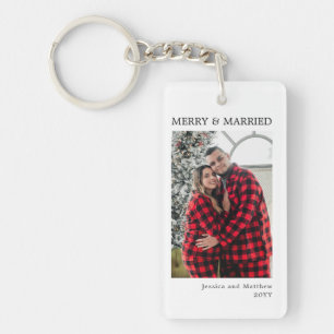 Porte-clefs Moderne Photo Rouge Noir Gingham Joyeux et Marié