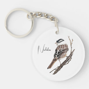 Porte-clefs Moineau à couronne blanche aquarelle personnalisée