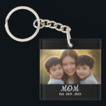 Porte-clefs Mom Established Modern Script Photo<br><div class="desc">Black White Mom Established Script Photo Design. Replace the photo with your own of your kids and change the years to the years you became a mom.</div>