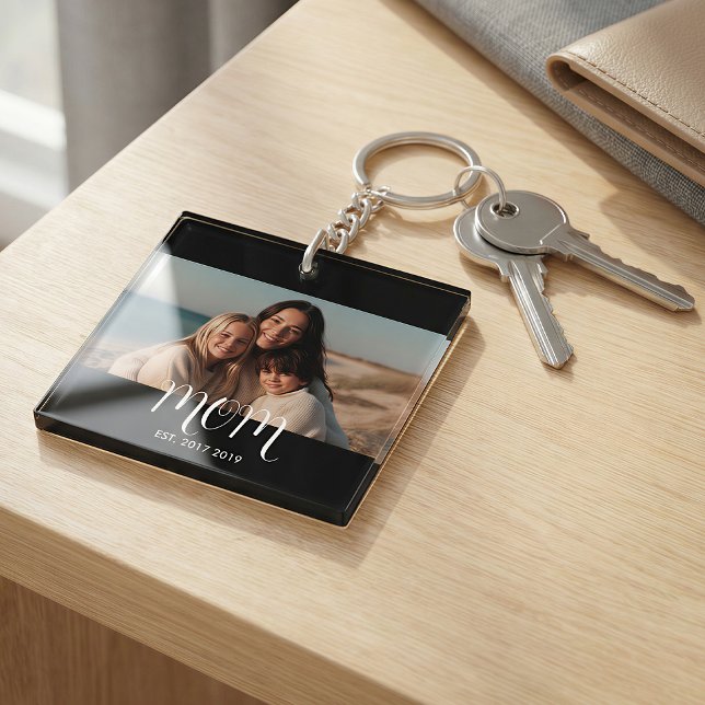 Porte-clefs MomEstablishedBlack White Script Photo (Créateur téléchargé)