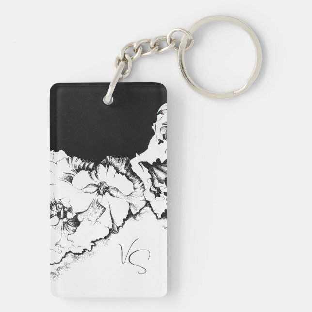 Porte-clefs Monogram Black & White Original Stipple Art Floral (Dos)