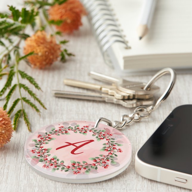 Porte-clefs Monogram Christmas Berry Wreath (Devant droit)