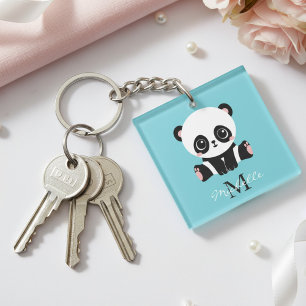 Porte-clefs Monogram Cute Panda Personnalisé Bubble Gum Bleu