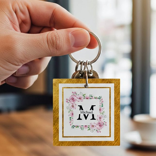 Porte-clefs Monogram Initial "M" Floral - Pink Roses & Gold (Créateur téléchargé)