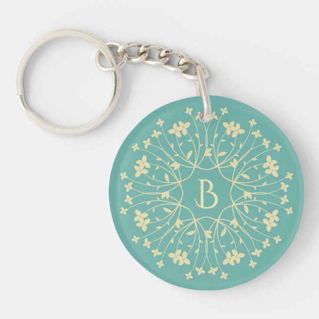 Porte-clefs Monogramme à fils turquoise et beige élégant (Devant)