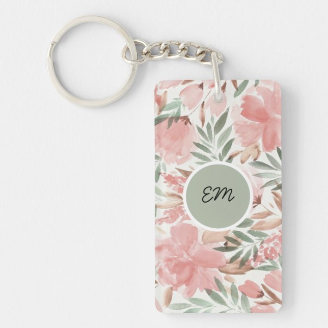 Porte-clefs Monogramme à motif floral aquarelle (Devant)