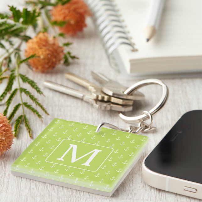 Porte-clefs Monogramme Ancres Vert Feuille de Palmier et Blanc (Devant Droit)