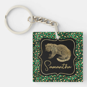 Porte-clefs Monogramme Animalier Or Imprimé Léopard Vert Luxe