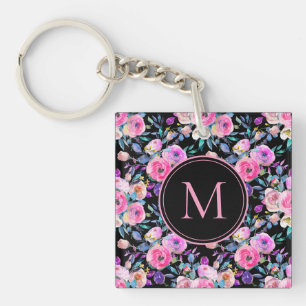 Porte-clefs Monogramme Aquarelle Pink Black Floral Porte - cl