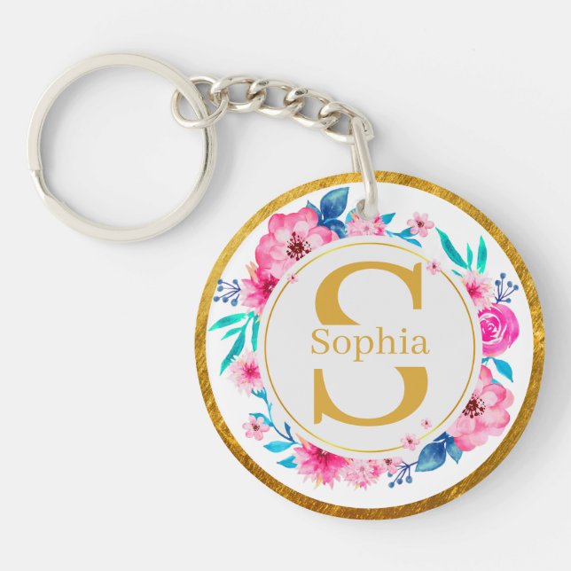 Porte-clefs Monogramme Art I Initiale dorée et rose aquarellée (Devant)
