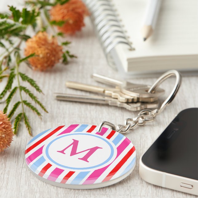 Porte-clefs Monogramme aux rayures de bonbons rouges et bleus  (Devant droit)