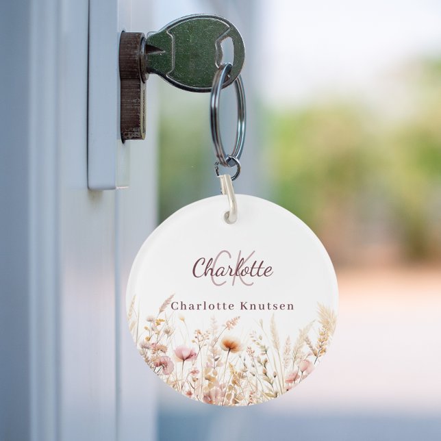 Porte-clefs monogramme beige rose fleur sauvage (Créateur téléchargé)