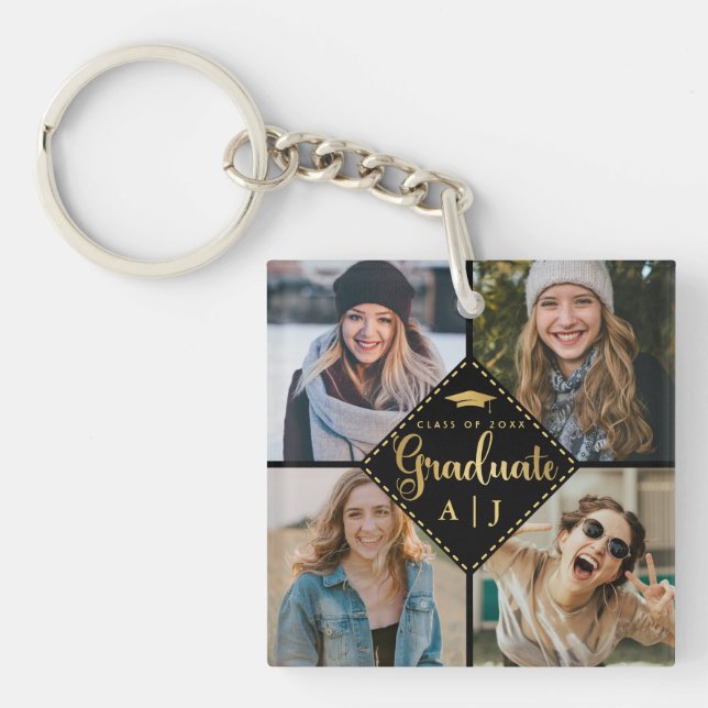Porte-clefs Monogramme Black Gold Photo Collage Graduation (Devant)