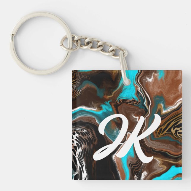 Porte-clefs Monogramme Bleu, Brown et Noir Art Abstrait (Devant)