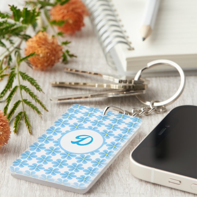Porte-clefs monogramme bleu personnalisé initial botanique (Devant droit)