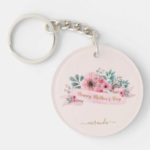 Porte-clefs Monogramme Bonne fête des mères rose florale