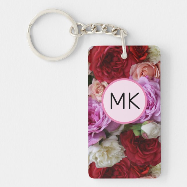 Porte-clefs Monogramme Chic Floral rose et rouge Fleurs (Devant)