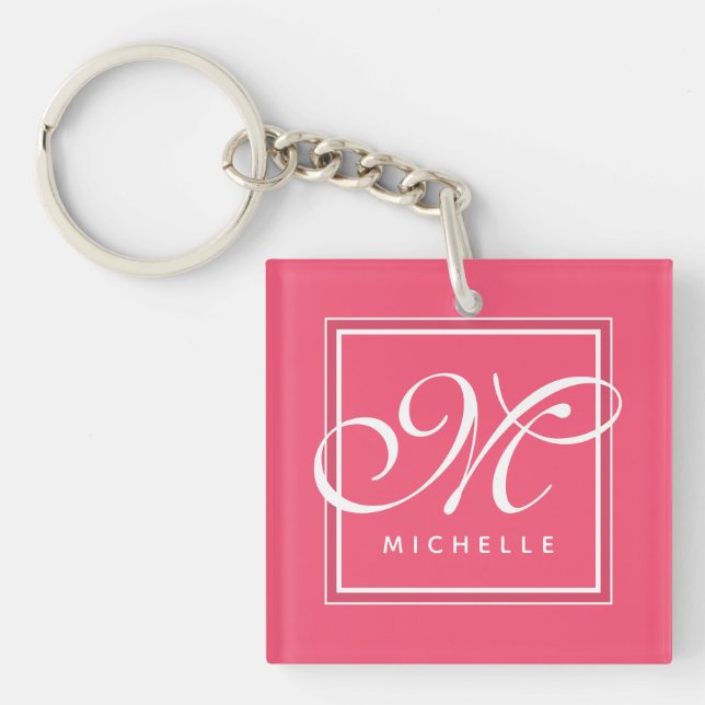 Porte-clefs Monogramme classique rose chaud et blanc (Devant)