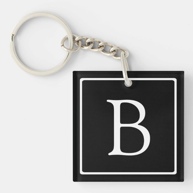Porte-clefs Monogramme Classique Simple | Noir avec Texte Blan (Devant)