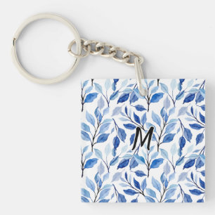 Porte-clefs Monogramme d'art fin en mosaïque de feuilles bleue
