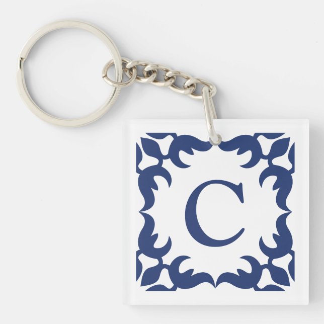 Porte-clefs Monogramme de cadre bleu et blanc (Devant)