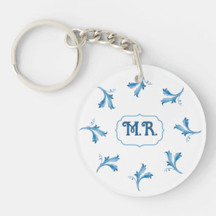 Porte-clefs Monogramme de carreau floral bleu méditerranéen