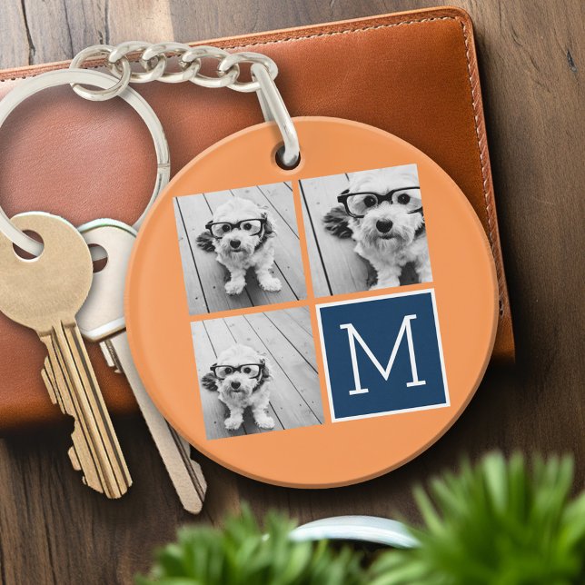 Porte-clefs Monogramme de collection de photos orange et marin (Personalized Keychain - Keyring with Photo collage)