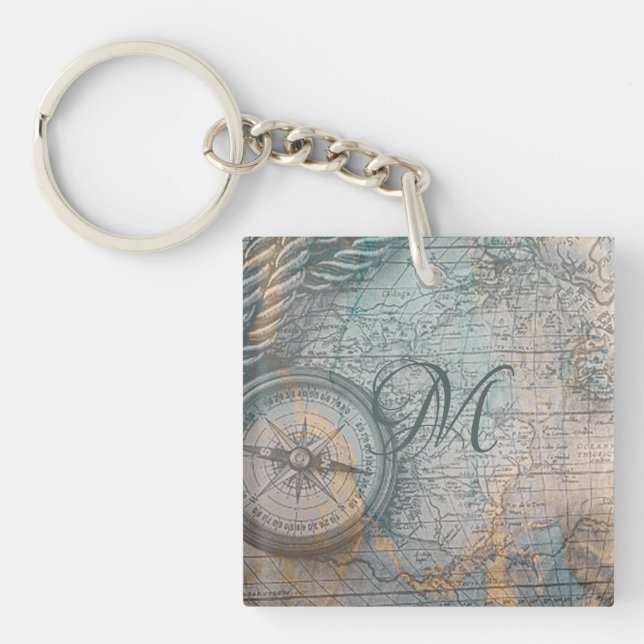 Porte-clefs Monogramme de compas Carte vintage (Devant)