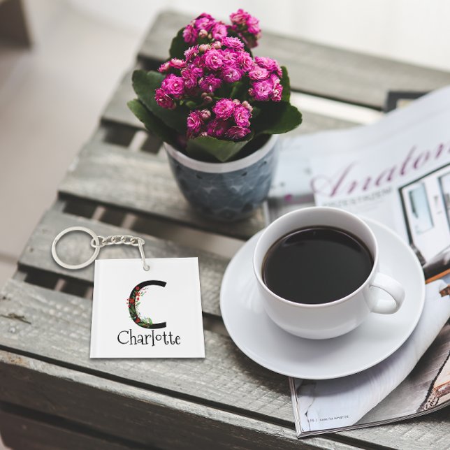 Porte-clefs monogramme de couleur fleur sauvage rouge (Créateur téléchargé)