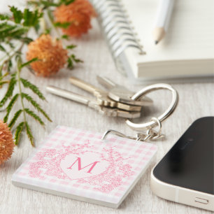 Porte-clefs Monogramme de crête florale rose En vichy