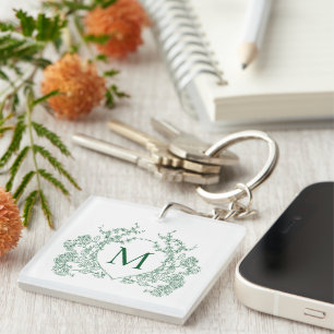 Porte-clefs Monogramme de crête florale verte vintage classiqu
