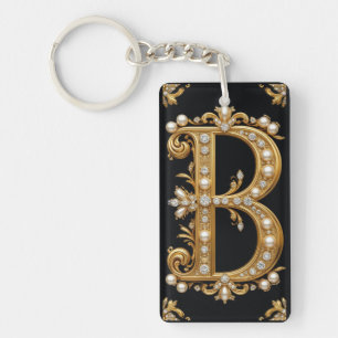 Porte-clefs Monogramme de lettre B en or avec diamants et perl