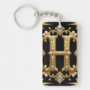 Porte-clefs Monogramme de lettre H en or avec diamants et perl