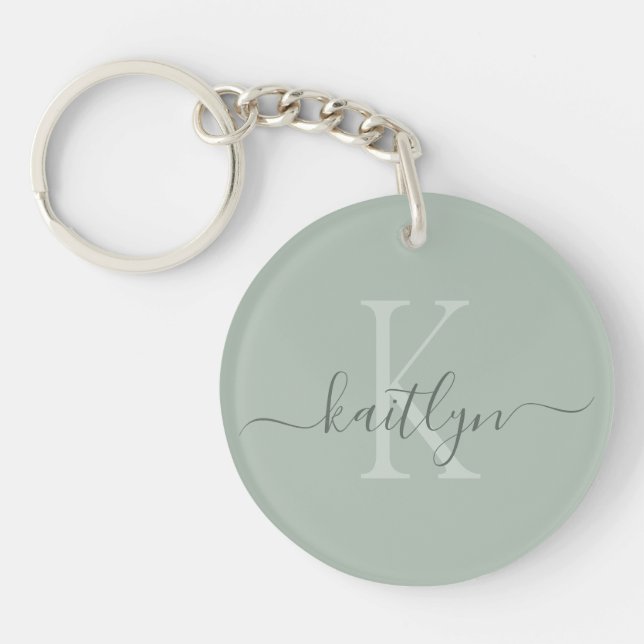 Porte-clefs Monogramme de nom initial vert sauge (Devant)